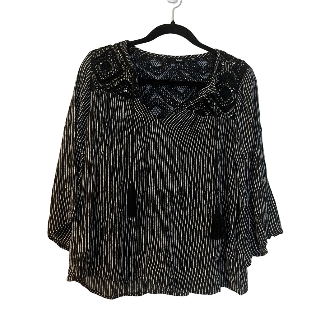 Sports Girl Sequin Striped Navy Peasant Blouse lace pin stripe bohemian boho
